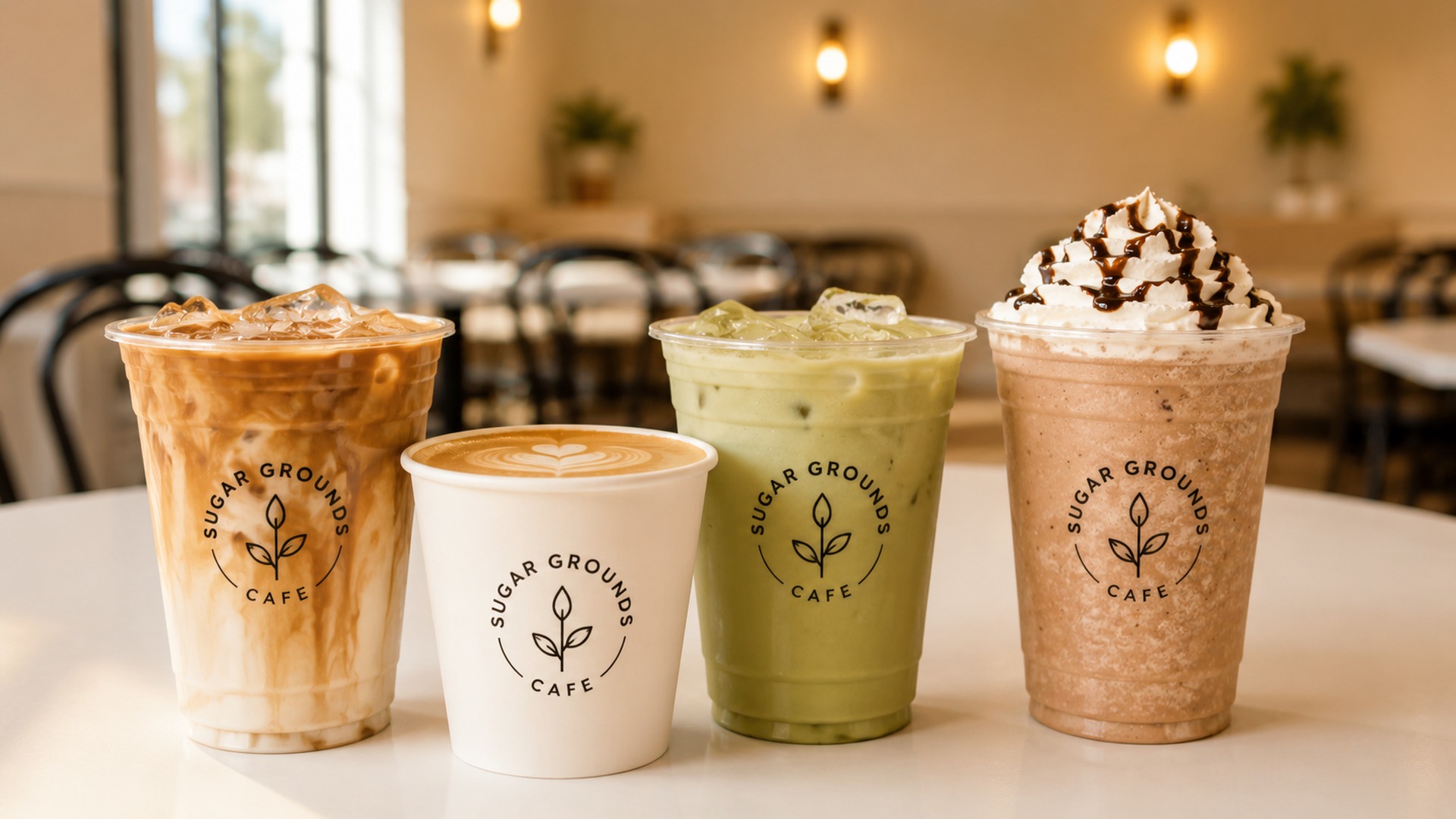 Craft coffee drinks at Sugar Grounds Cafe in Middlefield, Ohio