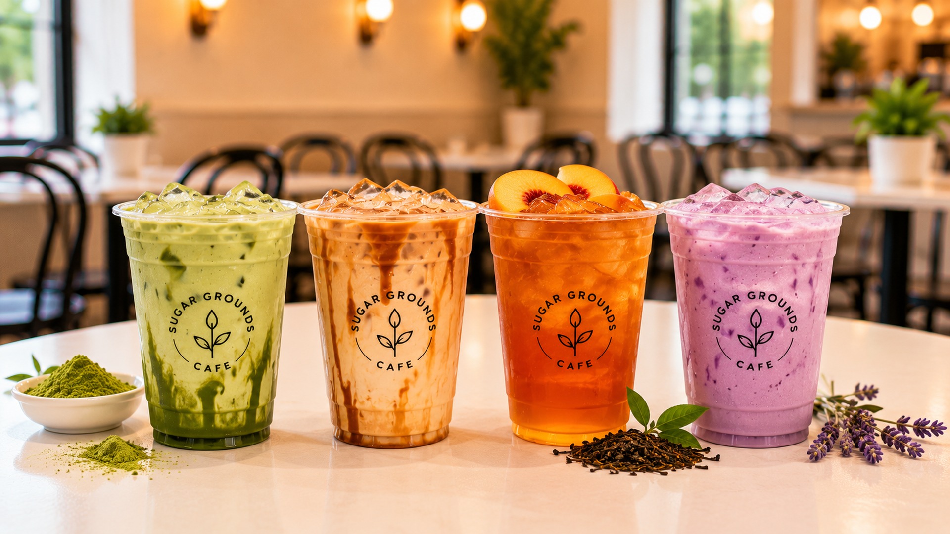 Matcha, Lotus energy drinks, and smoothies at Sugar Grounds Cafe in Middlefield, Ohio