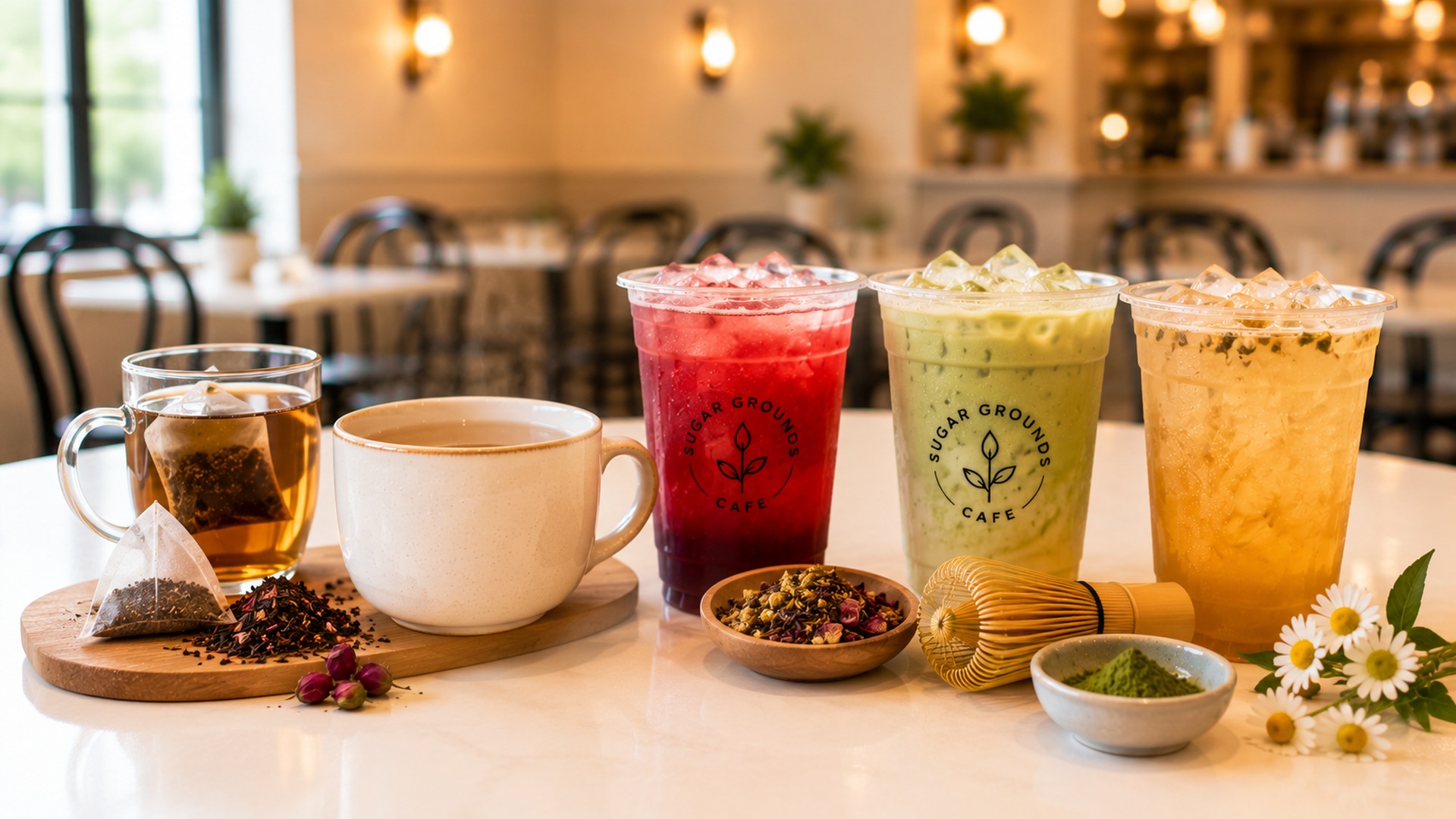 Matcha latte and specialty tea drinks at Sugar Grounds Cafe