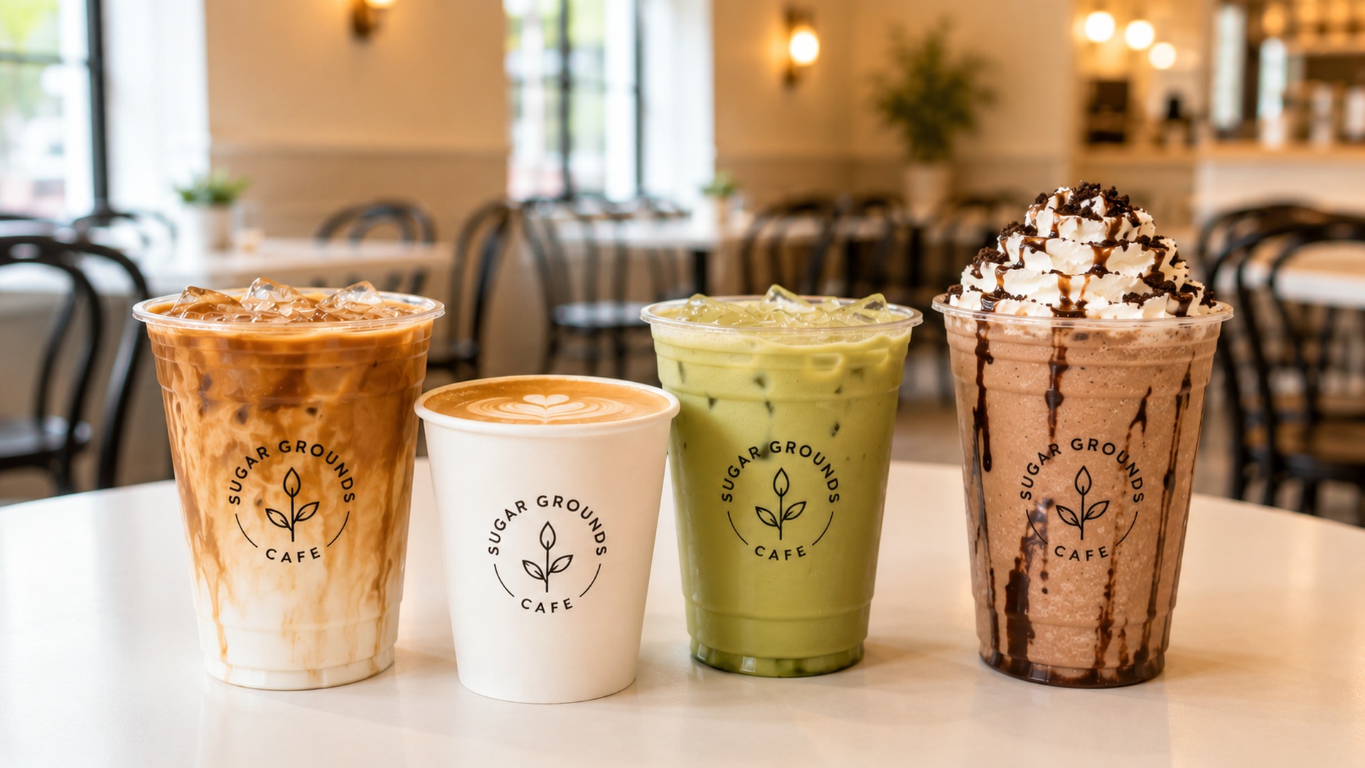 Handcrafted coffee drinks at Sugar Grounds Cafe in Middlefield, Ohio